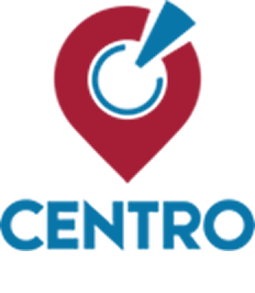 Red location pin logo with blue accents and 