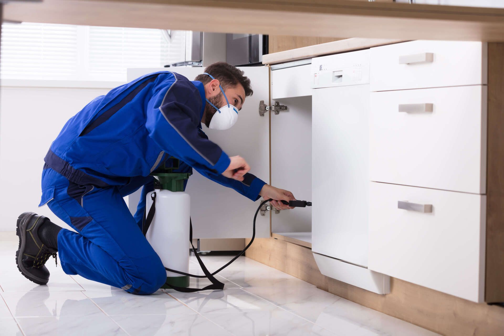 A person in blue protective gear sprays inside a kitchen cabinet for pest control.