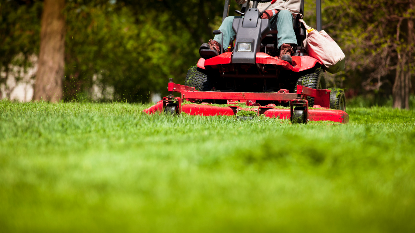Red riding lawnmower mowing a lush green lawn on a sunny day.
