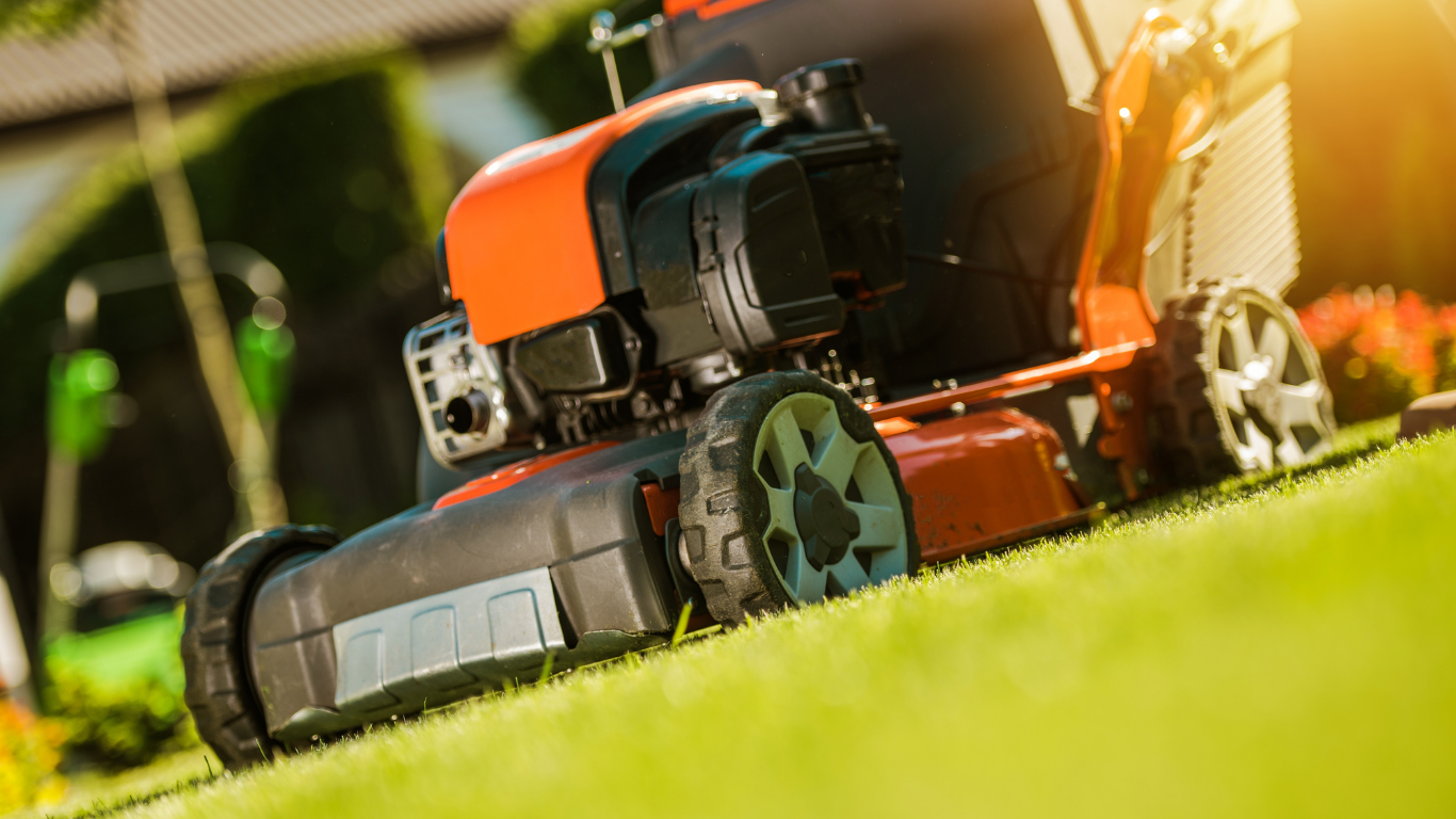 Orange and black lawnmower on a green lawn, bright sunlight.