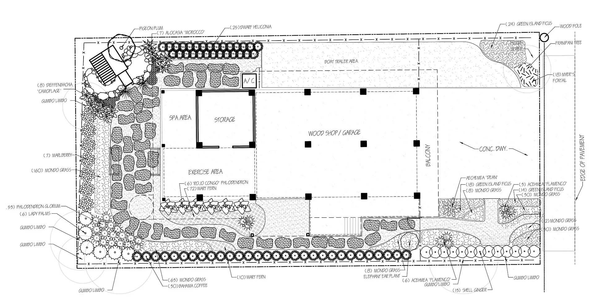 Architectural plan of a building with surrounding landscaping, featuring trees, shrubs, and a paved area