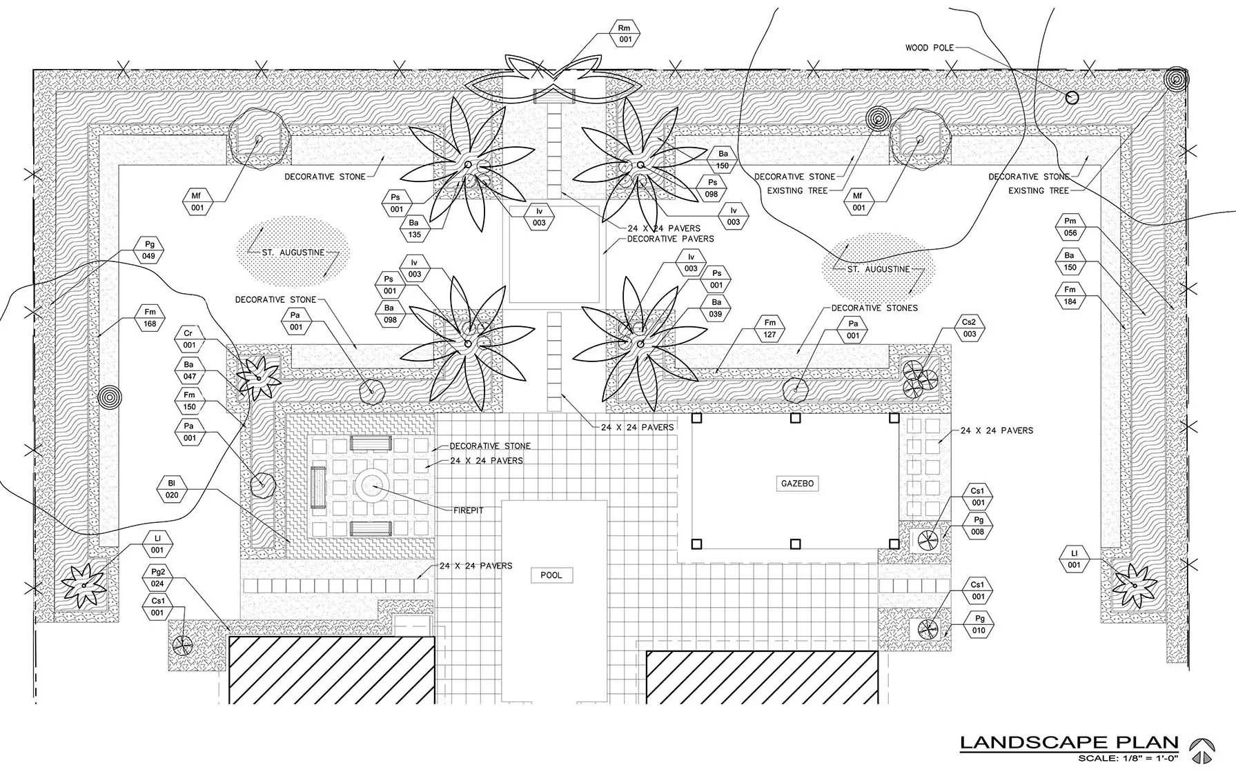 Landscape plan, with stone walls enclosing a rectangular space with plant beds, paving, and central seating areas
