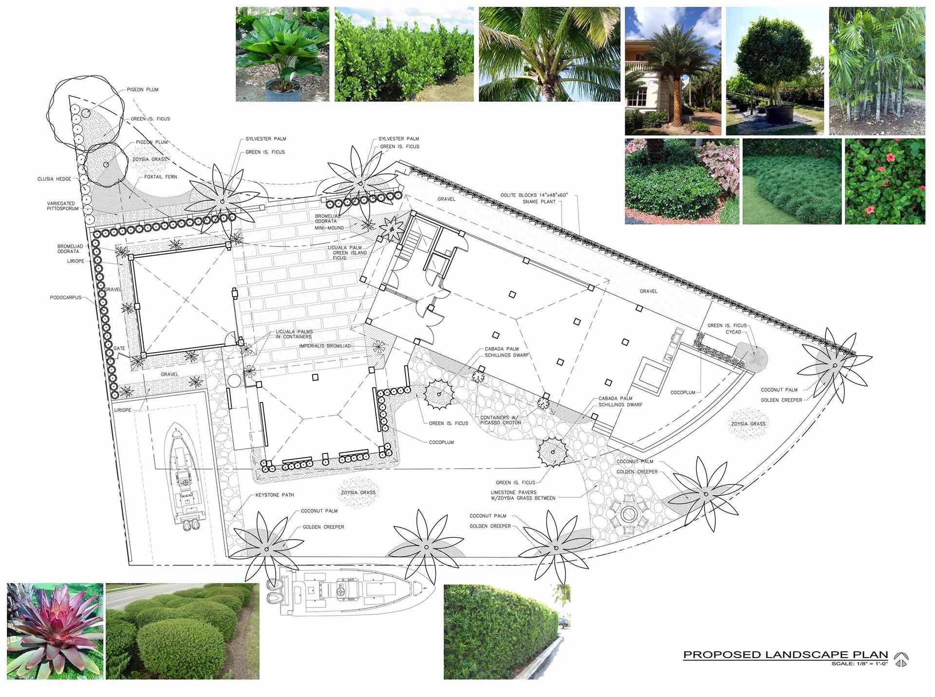 Overhead view of a landscape design plan with plant photos, detailing various garden features like patios and planting beds