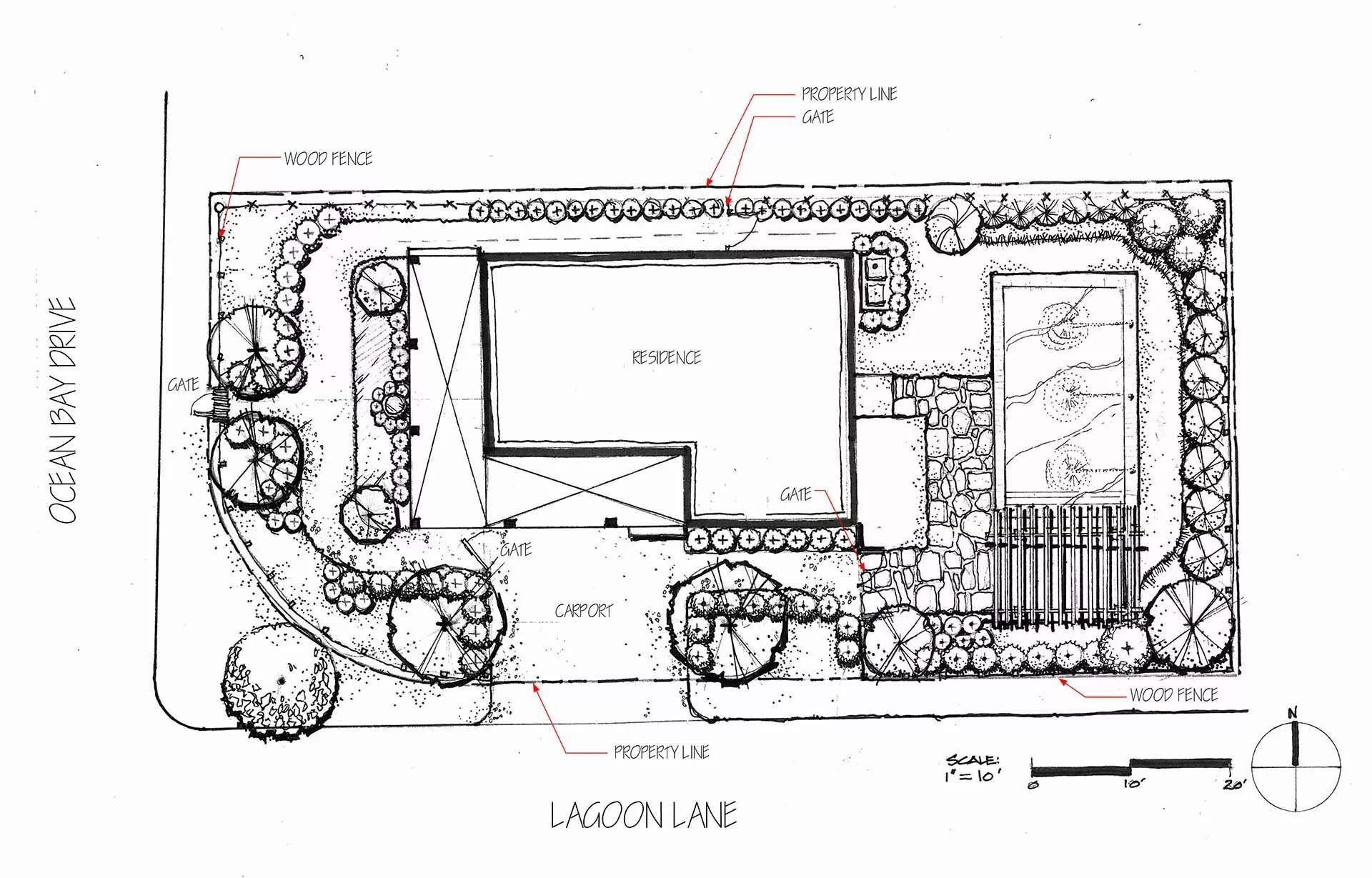 Top-down landscape plan with house, patio, bushes, and a pathway