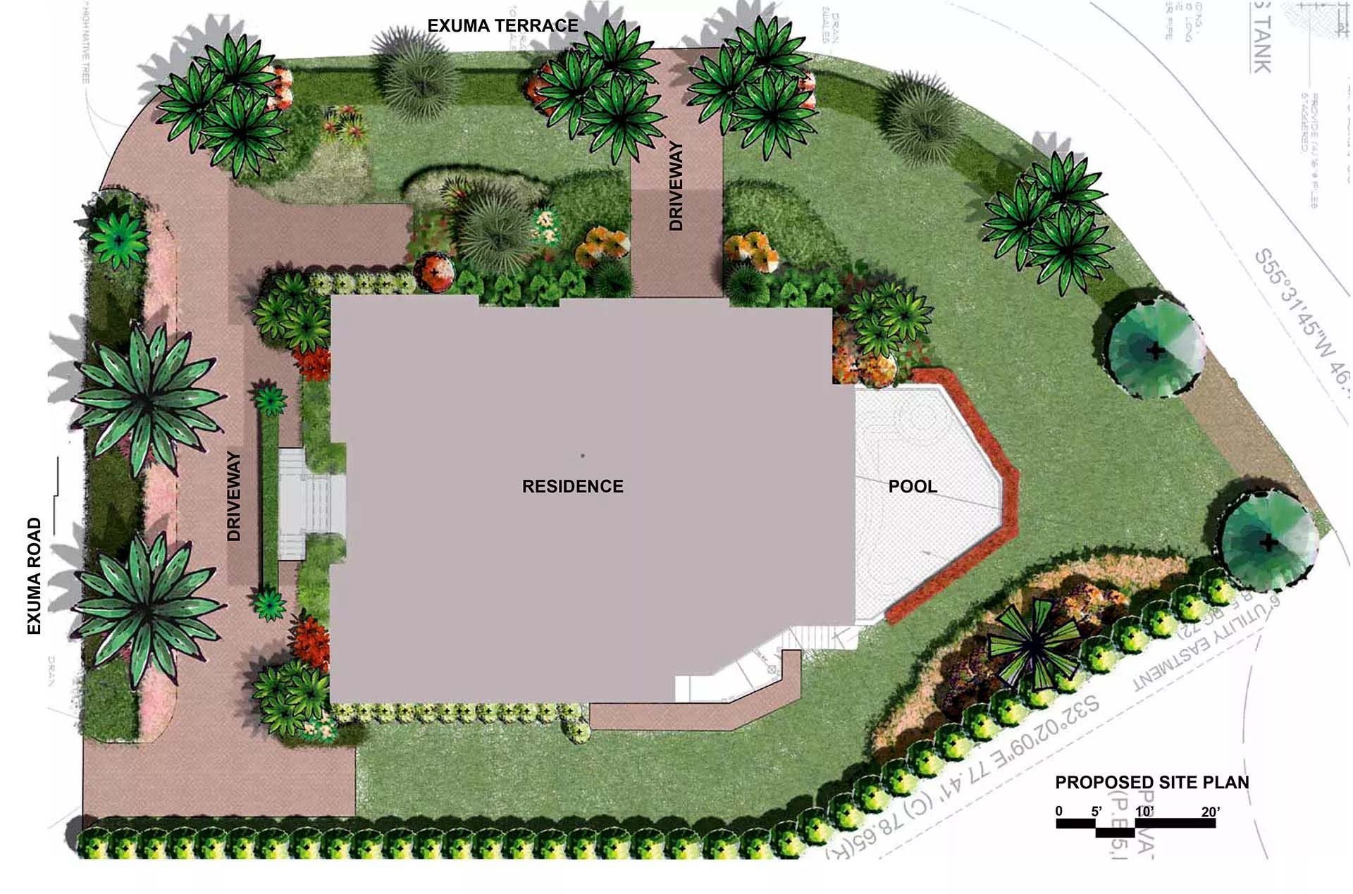 Overhead view of a landscape design plan for a building with landscaping, walkways, and greenery