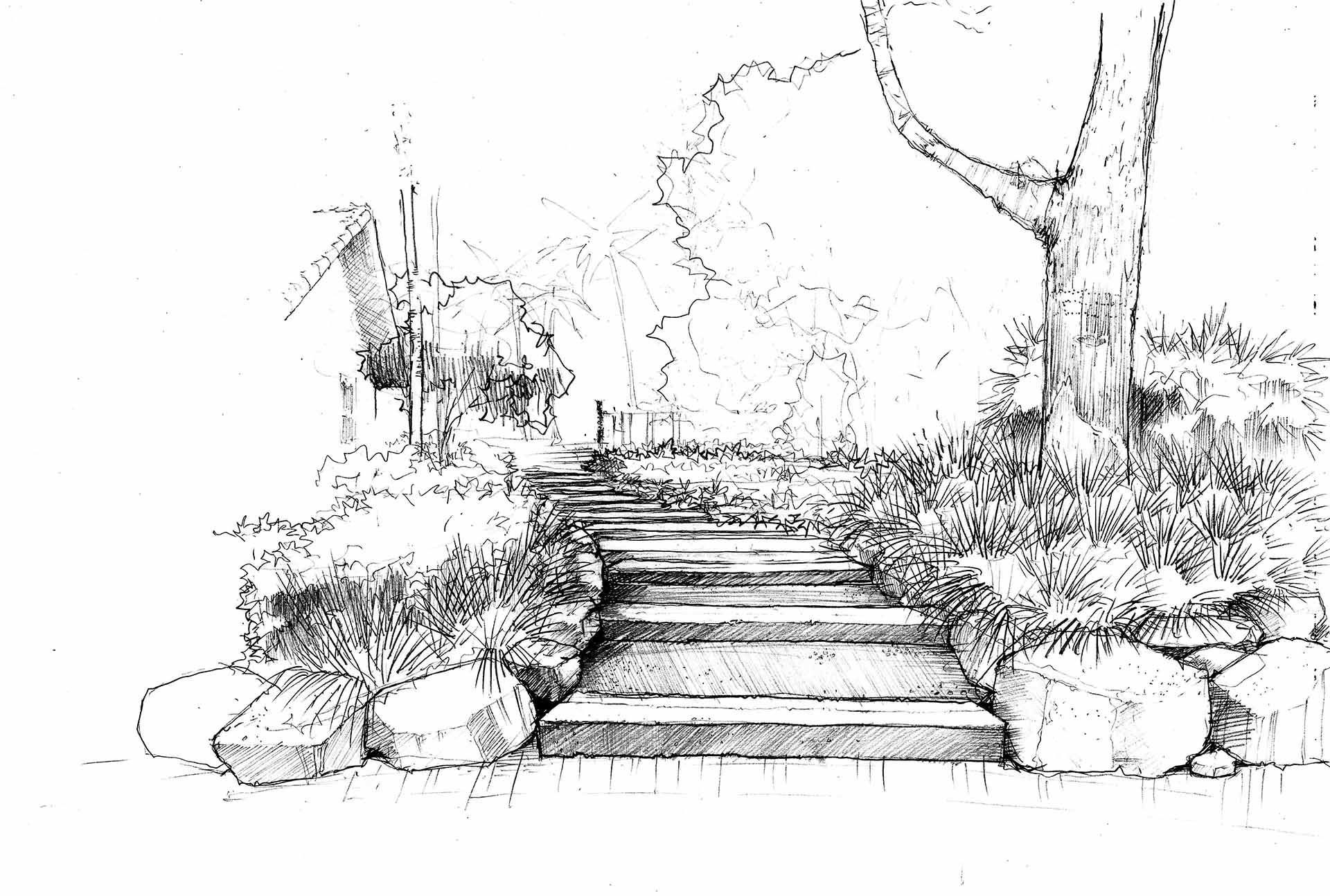 Stone steps leading up, bordered by rocks and greenery, with trees in the background