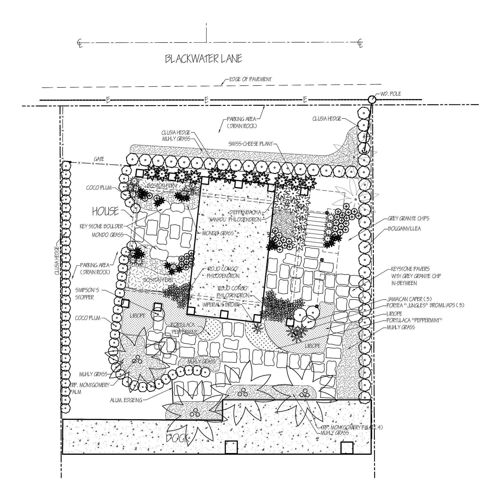 A black and white architectural landscape plan of a house and yard, including trees, shrubbery, and a patio