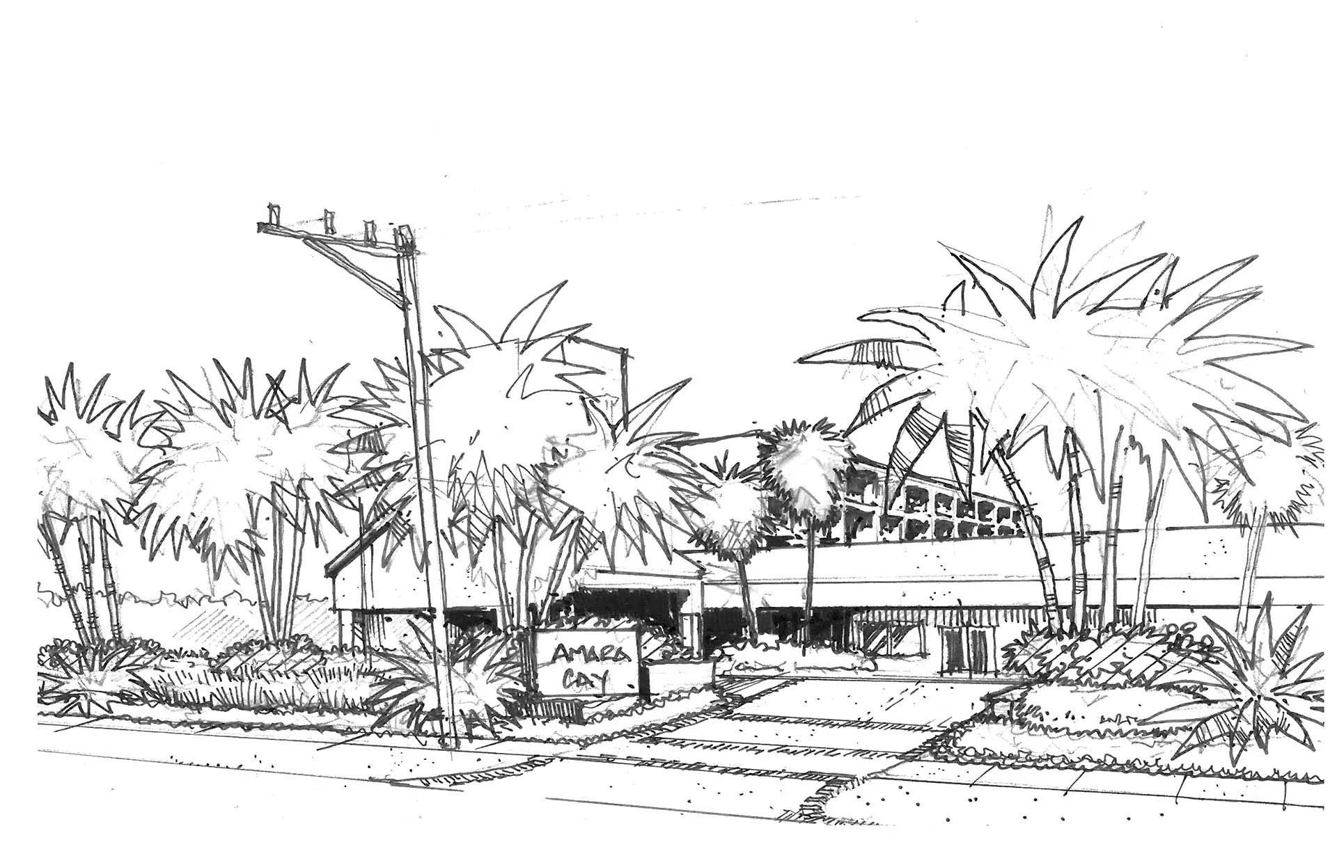 Drawing of a modern building with a sign and palm trees