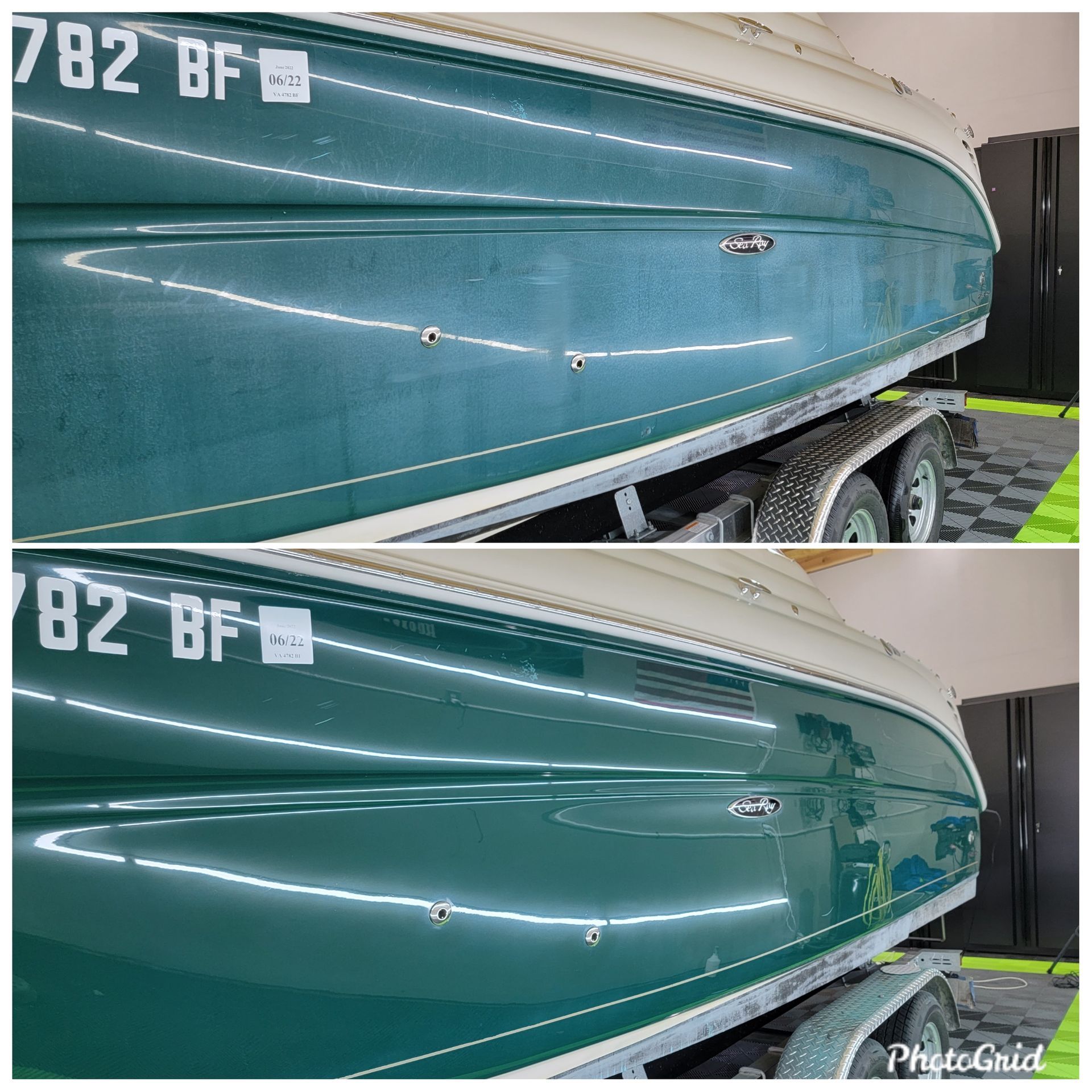 A before and after photo of a green boat in a garage.