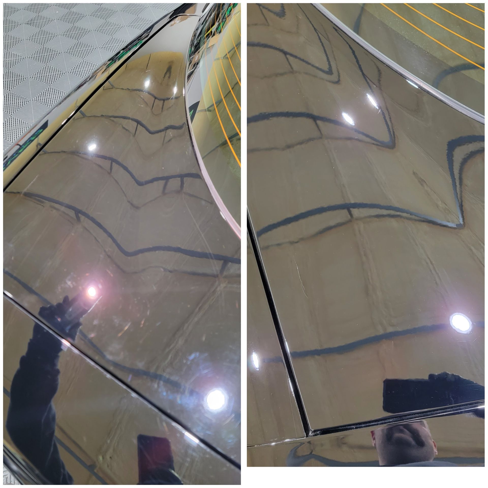 A picture of a car before and after being polished