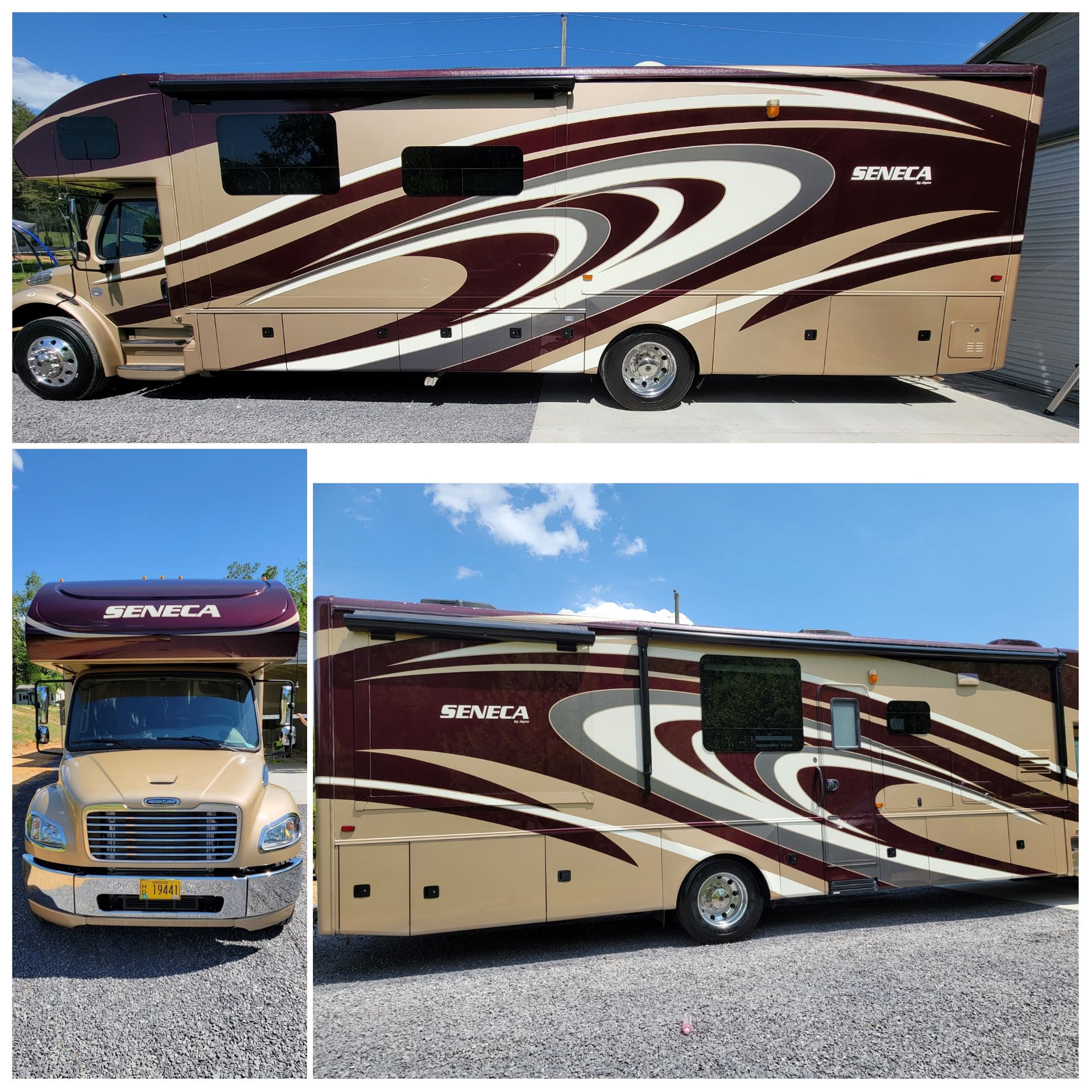 A large rv is parked in a gravel lot.