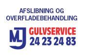 Et blåt og rødt logo til et firma ved navn mj gulvservice.