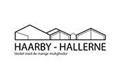 Et sort/hvidt logo for et firma ved navn haarby-hallerne.