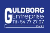 Et blåt og hvidt logo for en virksomhed ved navn guldborg entreprise.