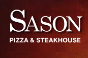 Logoet for sason pizza og steakhouse er på rød baggrund.