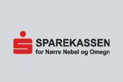 The logo for sparekassen for nørre nebel og omegn is on a gray background.