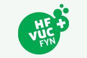 Et grønt logo med bobler og ordene `` hf + vuc fyn '' på en hvid baggrund.