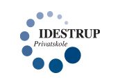 Et logo for idestrup privatskole med blå cirkler på hvid baggrund.