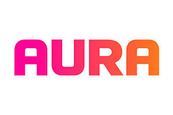 Ordet aura er skrevet med lyserøde og orange bogstaver på en hvid baggrund.