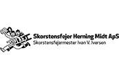 A black and white logo for a company called skorstensfejer herning mide aps.