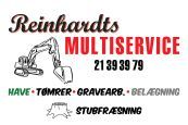 Et logo for reinhardts multiservice med et billede af en gravemaskine.