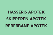 En grøn baggrund med sort tekst, hvor der står hasseri apotek skipperen apotek reberbane apotek.