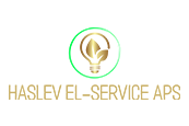 Et logo for haslev el-service aps med en pære og blade i en cirkel.