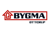 Logoet for bygma otterup er et rødt og sort logo med en pil, der peger opad.