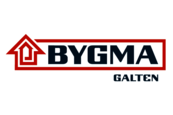 Bygma galtens logo er rødt og sort med en pil, der peger opad.