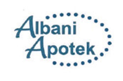 Logoet for albani apotek er blåt og hvidt