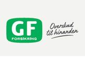 Et grønt og hvidt logo til gf forsikring på hvid baggrund.