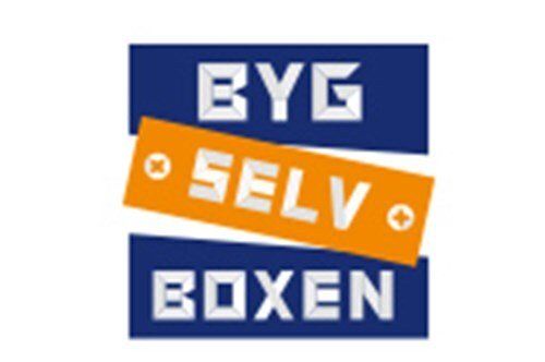 A blue and orange logo for byg selv boxen