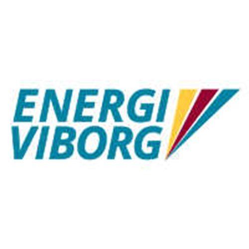 Logoet for energi viborg er blåt og gult med en rød pil.