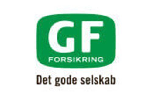 The logo for gf forsikring is green and white and says det gode selskab.