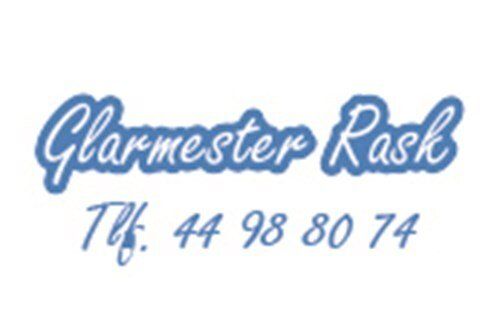Et blåt og hvidt logo for en virksomhed kaldet glasmester udslæt