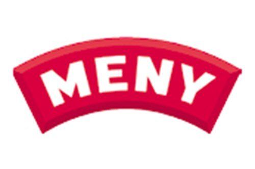 Et rødt og hvidt menulogo på en hvid baggrund