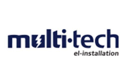 Et blåt og hvidt logo til multi-tech el-installation
