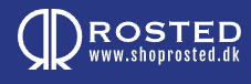 Et logo for rosted www.shoprosted.dk på blå baggrund