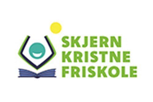 A logo for skjern kristne friskole with a book and smiley face