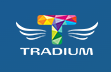 Et farverigt logo med vinger og ordet tradium på blå baggrund.