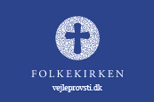 En blå baggrund med folkekirken skrevet på