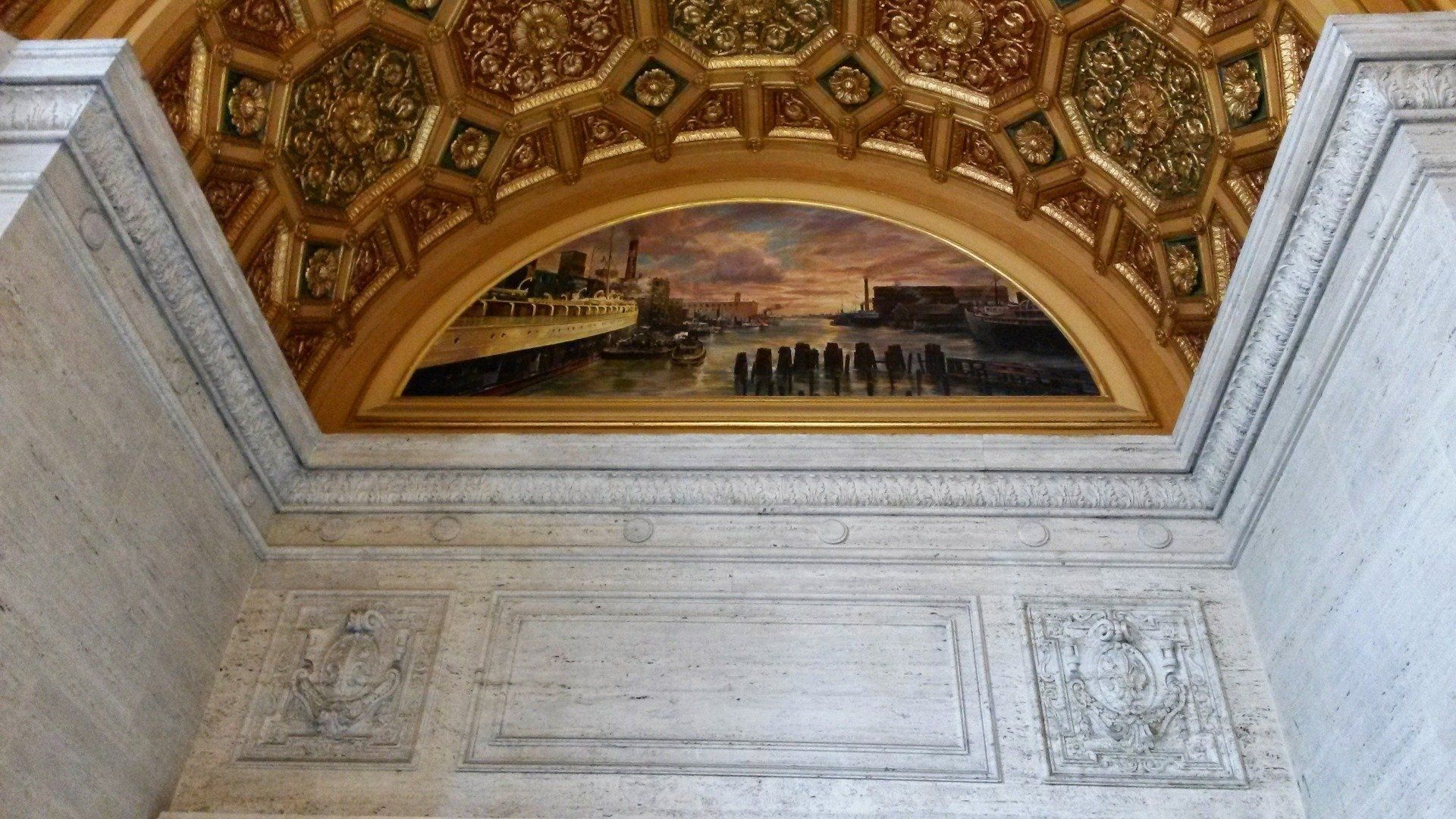 A painting on the ceiling of a building