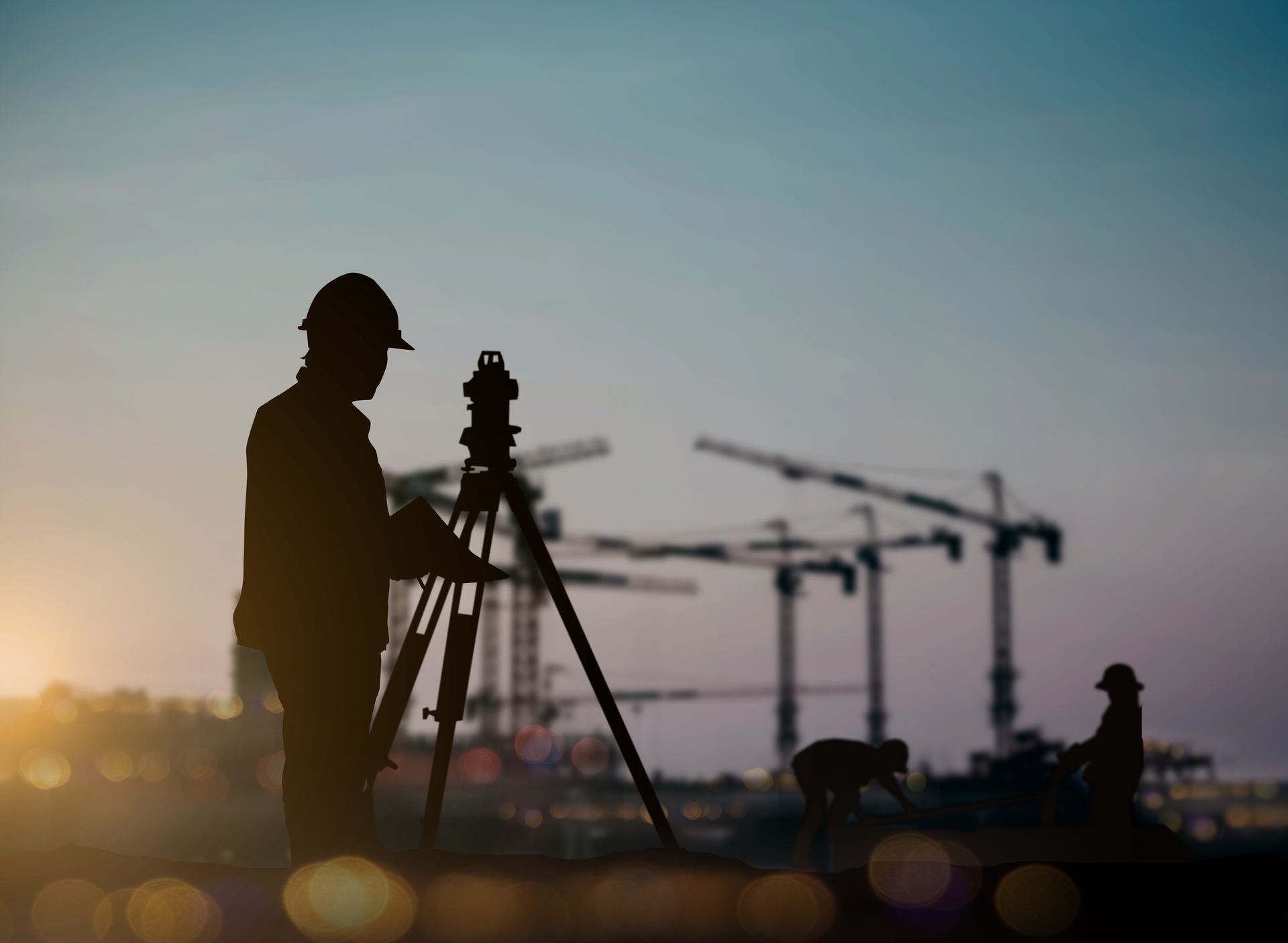 A silhouetted land surveyor measuring a site with a tripod at a construction area.
