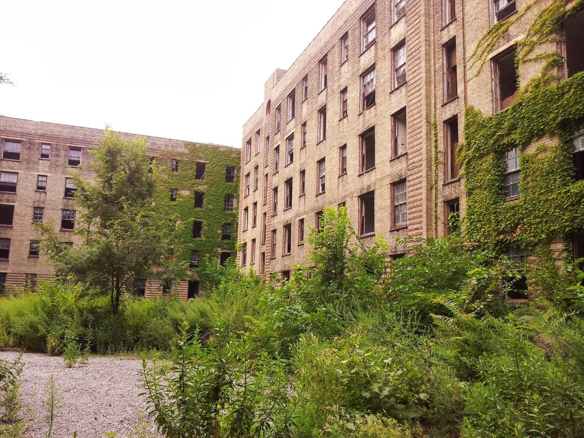 A large brick building with a lot of windows is surrounded by trees and bushes.