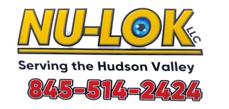 Logo of a kitchen design with blue cabinets and a red "NU LOK" text below.