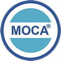 A blue and white circle with the word moca on it