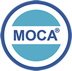 A blue and white circle with the word moca on it