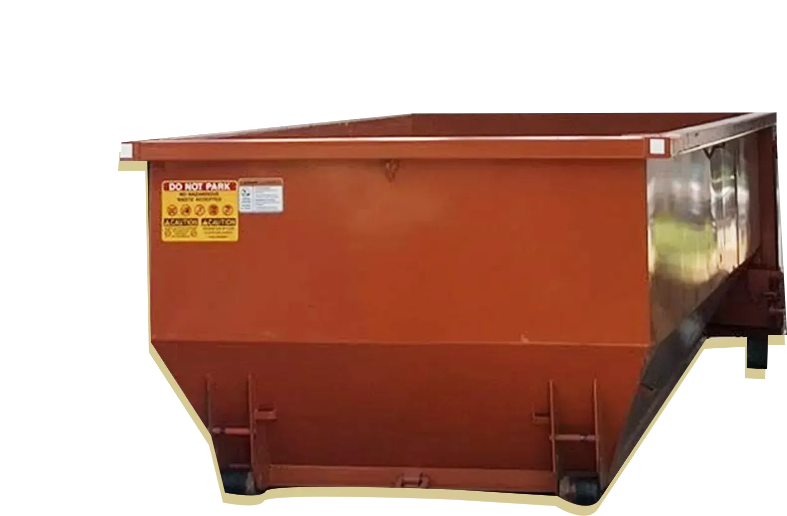 Orange industrial dumpster with a yellow warning label, viewed from the front.