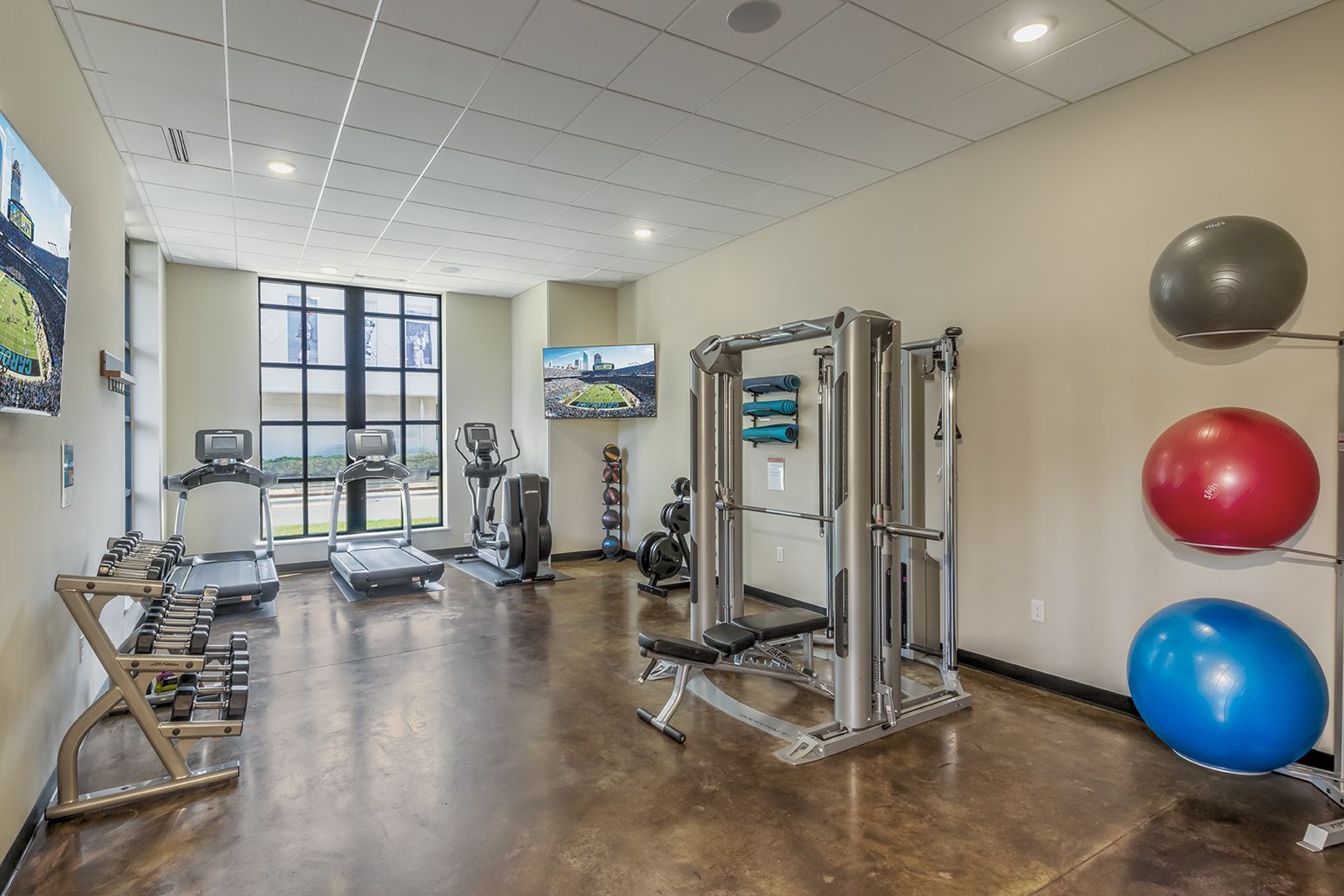 Gym with exercise machines, free weights, and fitness balls.