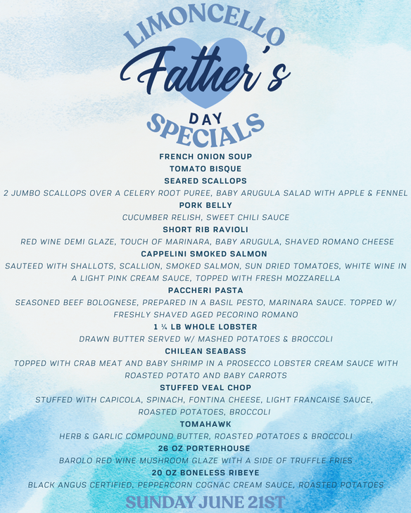 Blue and white lemon-themed Father’s Day special menu flyer with script text and a rustic design